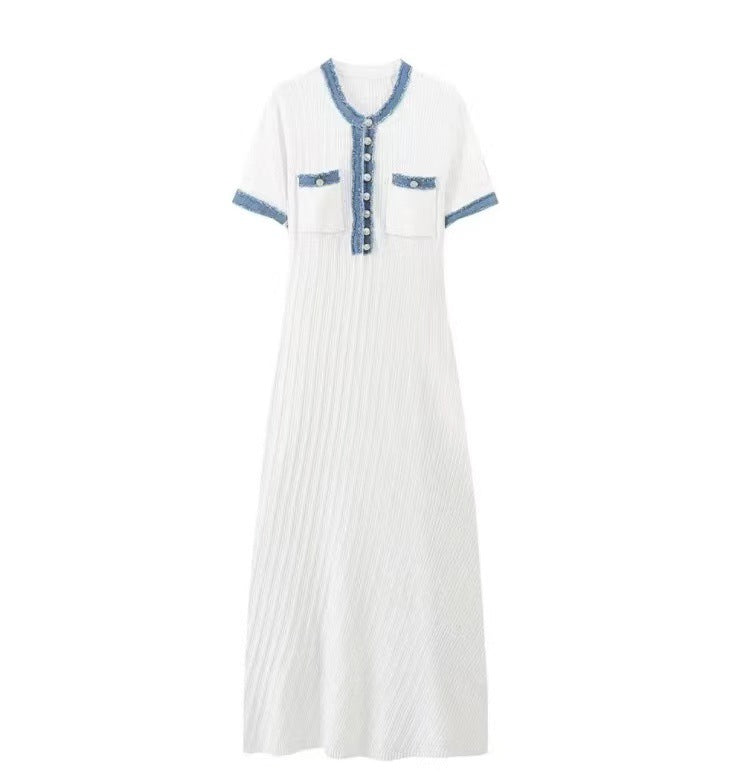 Denim Patchwork Round Neck Metal Button Slim Women's Knit Dress 7