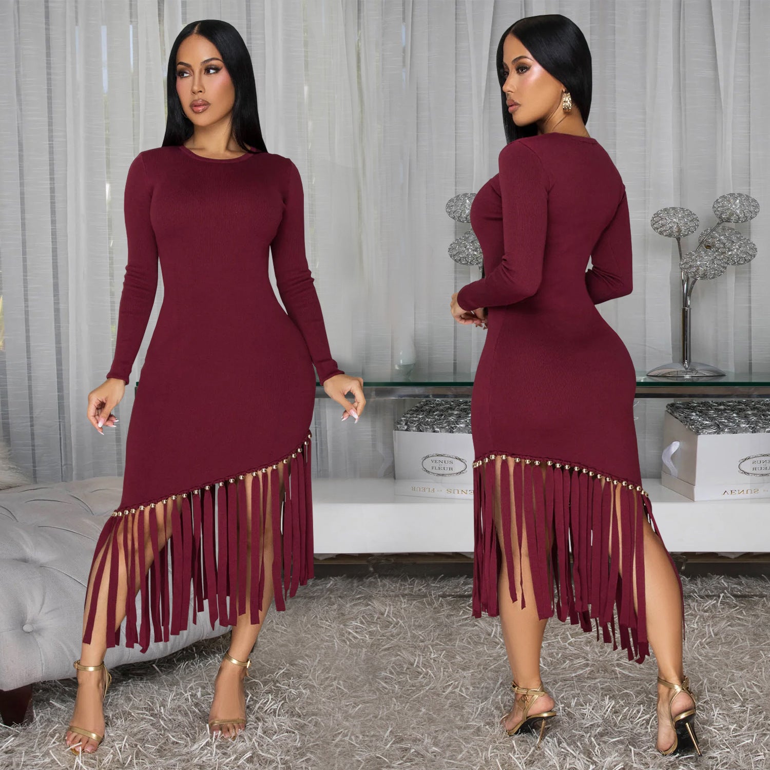 Women Solid Round Neck Tassel Dress 4