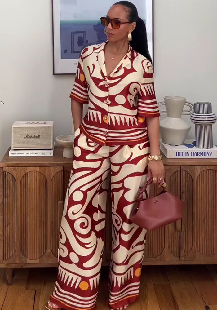 Fashion Women's Turndown Collar Printed Shirt & High-Waisted Wide-Leg Pants African Chic Elegant Two-Piece Set For Summer