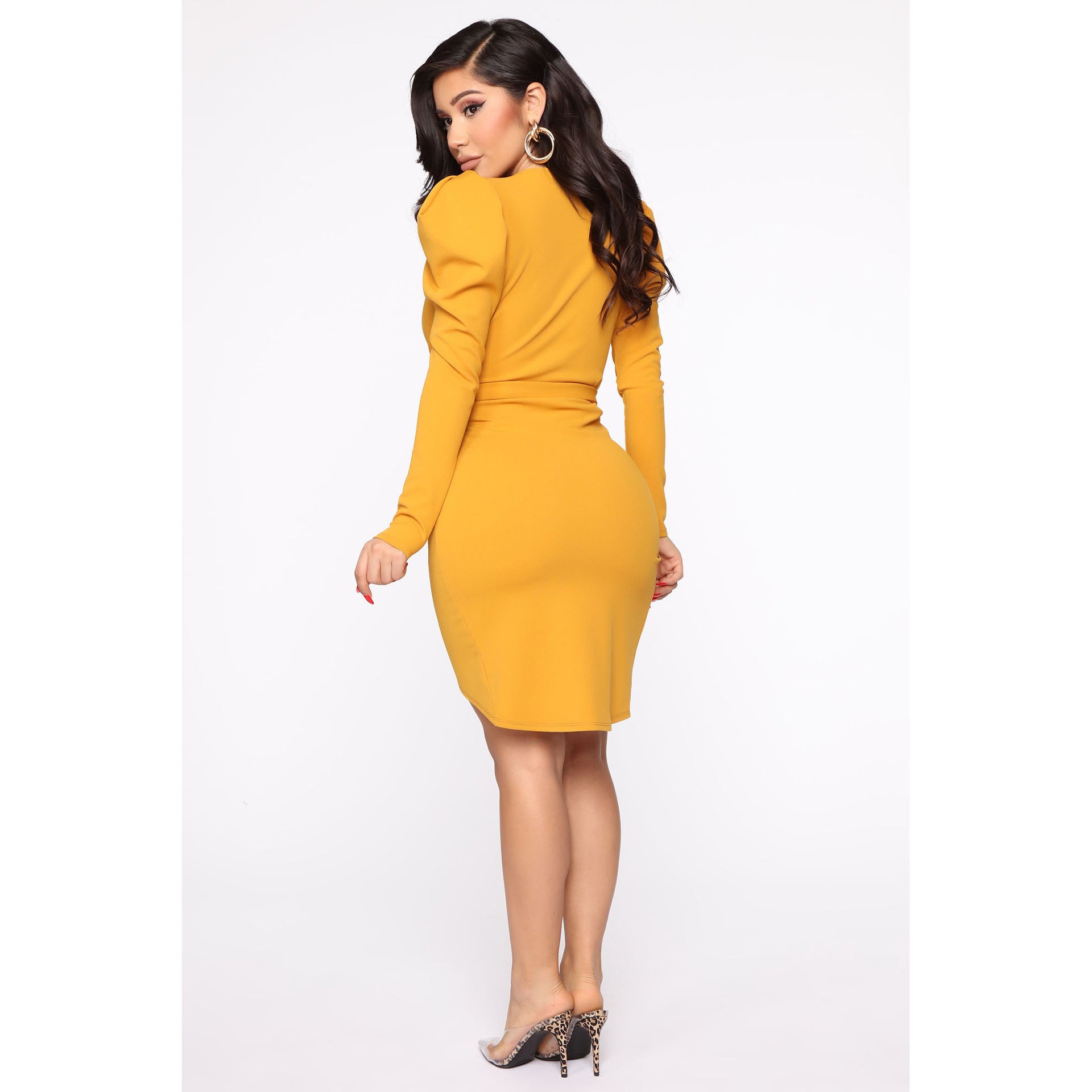 Sexy V-Neck Puff Sleeve Lace-Up Solid Color Dress 6