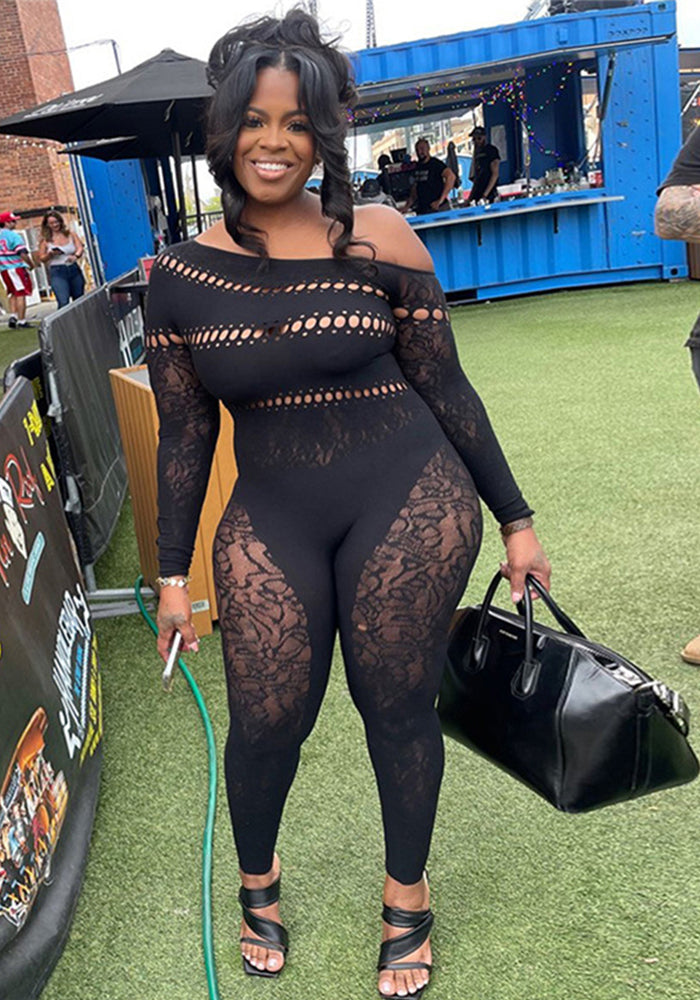 Women Sexy Hollow Knitting Jacquard High Waist Long Sleeve Jumpsuit