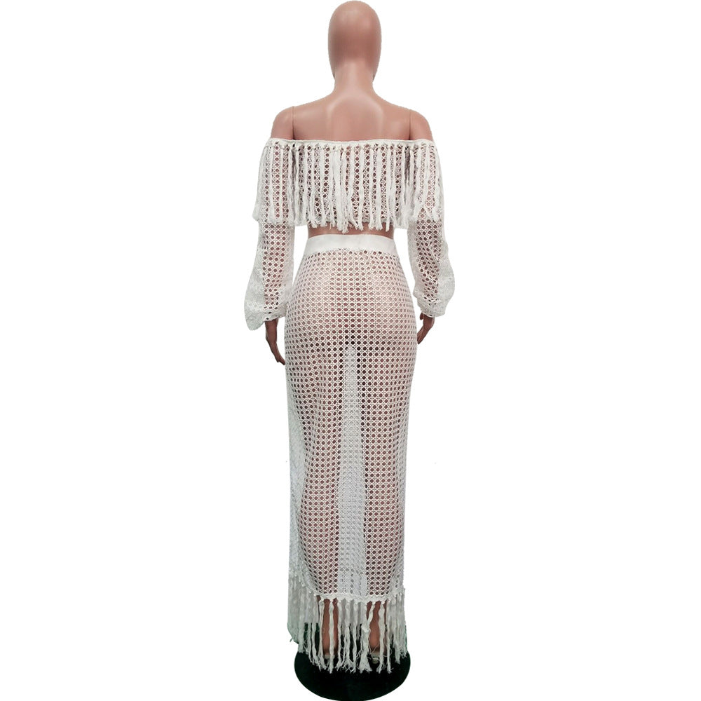 Summer Hollow Sexy Fashion Mesh Tassel See-Through Two-Piece Skirt Set 18