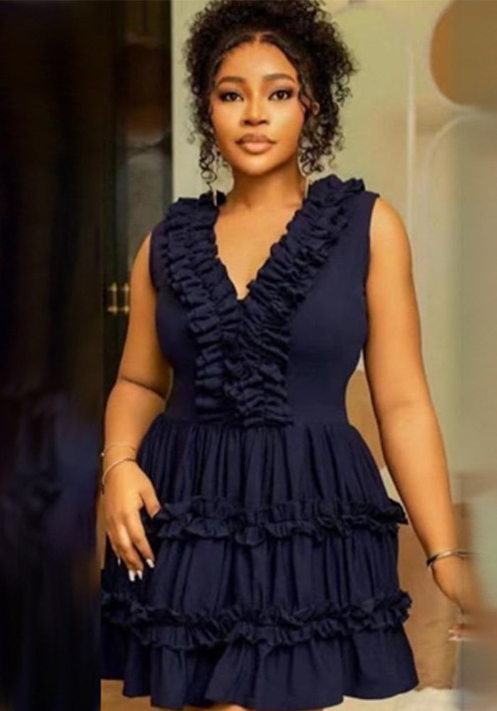 Summer V-Neck Sleeveless Ruffle Casual Short Dress