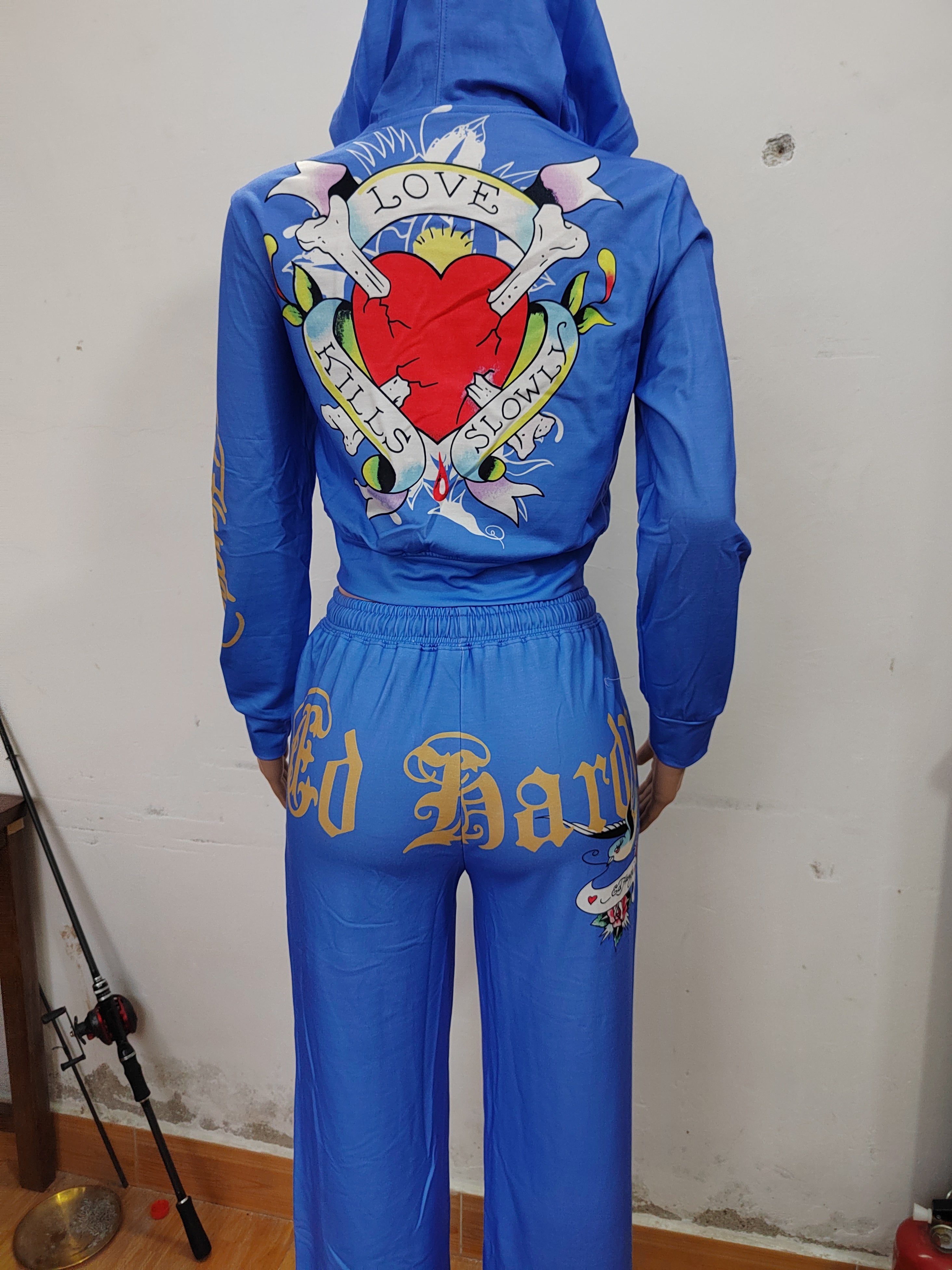 Women's Spring Autumn Print Tracksuit Long Sleeve Hooded Sports Two Piece Pants Set 7