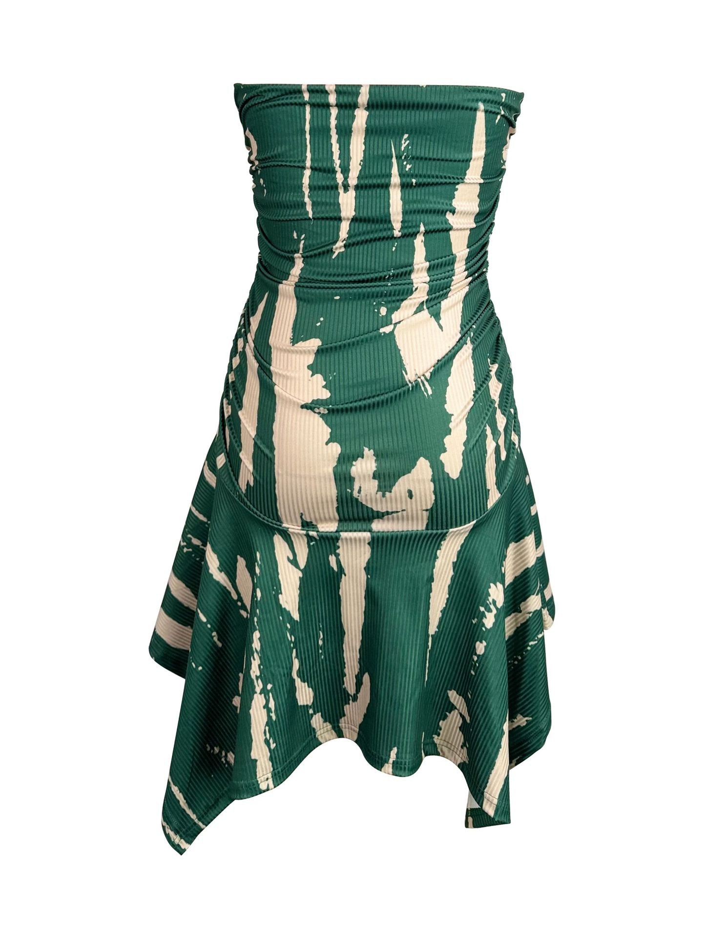 Women's Fashion Sexy Strapless Print Slim Waist Asymmetrical Dress 8