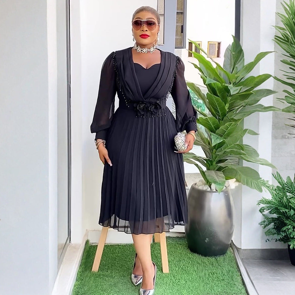 Chic Career Slim Waist Pleated A-Line Chiffon Dress 3