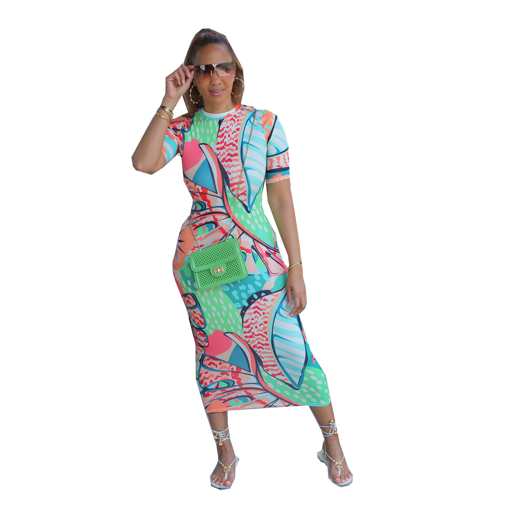 Summer Ladies Fitted Round Neck Painted Print Dress 5
