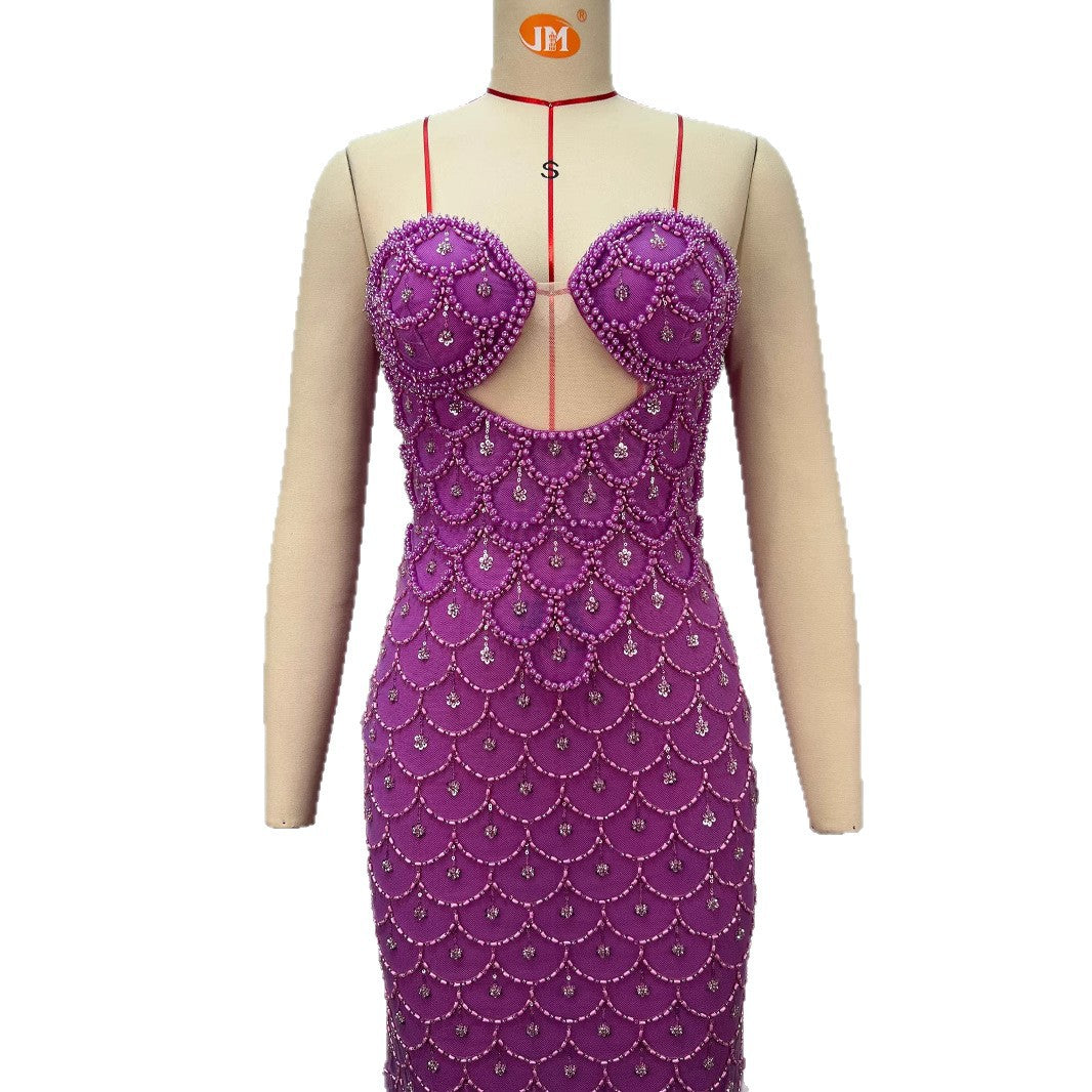 Women Backless Waisted Diamond Fishtail Shell Waist Sequined Evening Dress 6