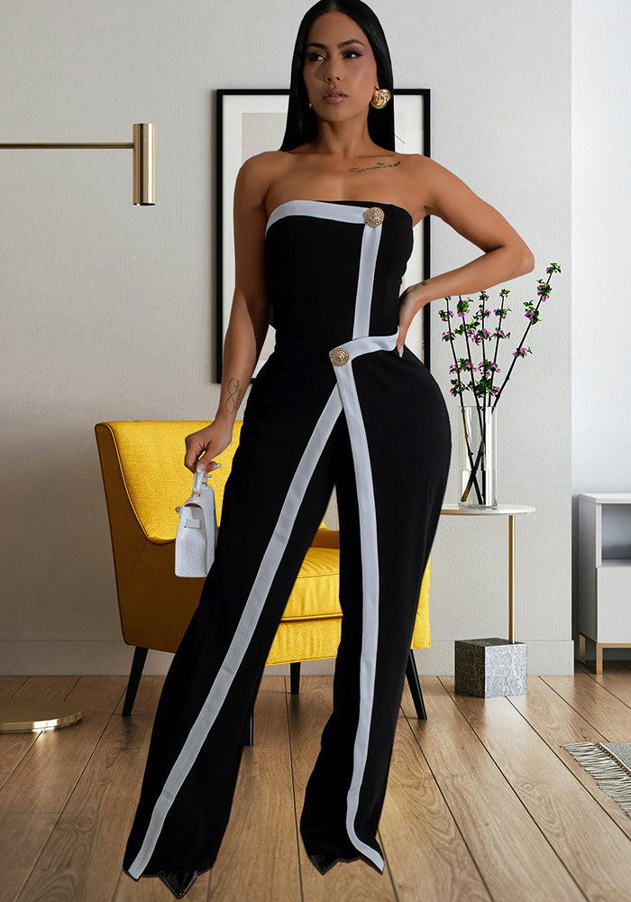 Women Sexy Strapless Backless Button Jumpsuit