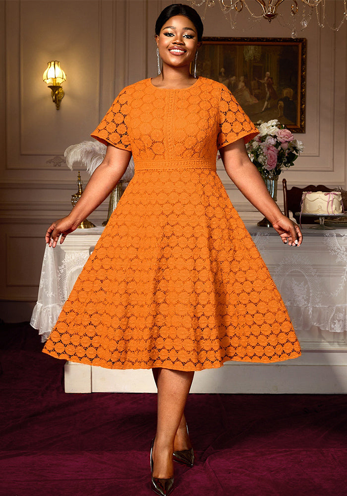 Plus Size Orange Lace Short Sleeve Dress High Waist A-Line Elegant Chic Evening Gown