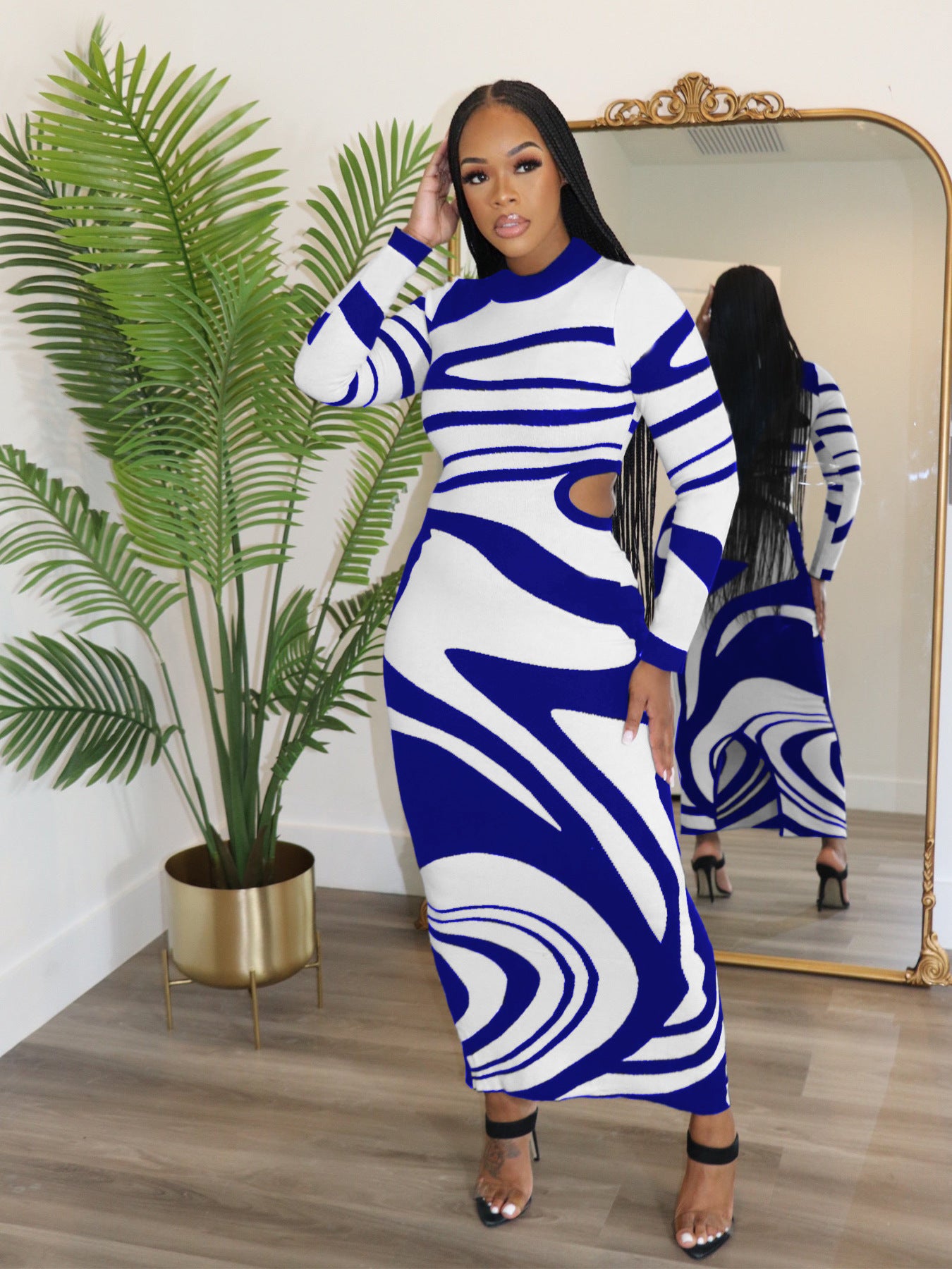 Women's Winter Sexy Slim Contrast Color Fashionable Round Neck Open Waist Slim Dress 3