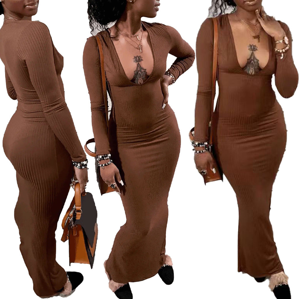 autumn winter ribbed long sleeve bodycon midi women's dress