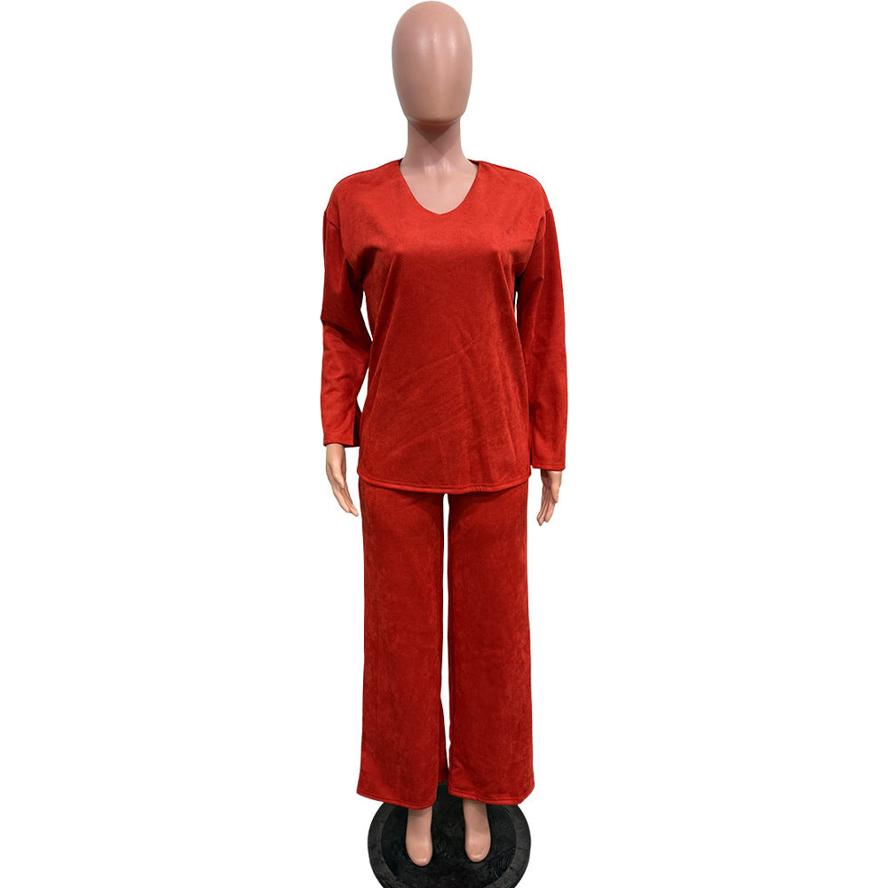 Women Solid Long-Sleeved Slit Two-Piece Set 22