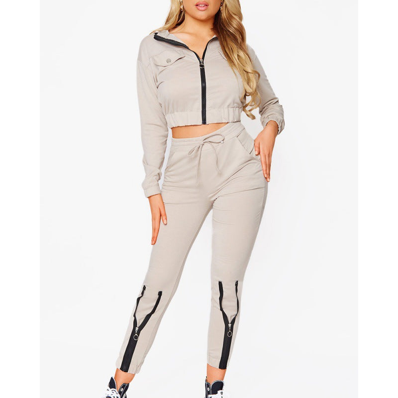 Women's Zipper Long-Sleeved Top Drawstring Pants Casual Two-Piece Suit 7