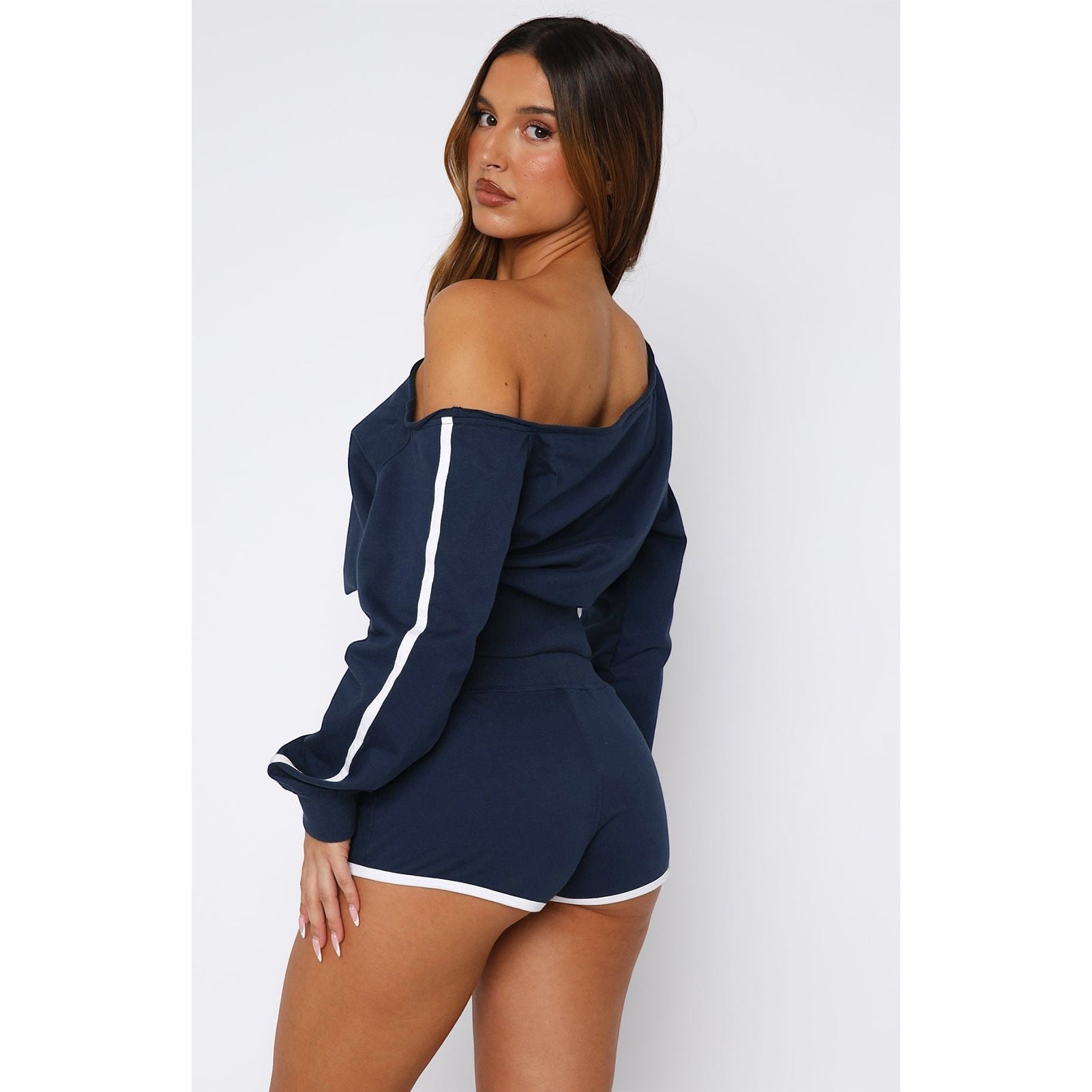 Women's Casual Slash Shoulder Long Sleeve Top Drawstring Shorts Two-Piece Set 38