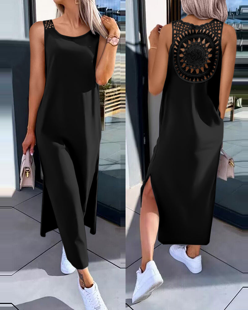 Solid Color Short-Sleeved Slit Casual Long Dress 6