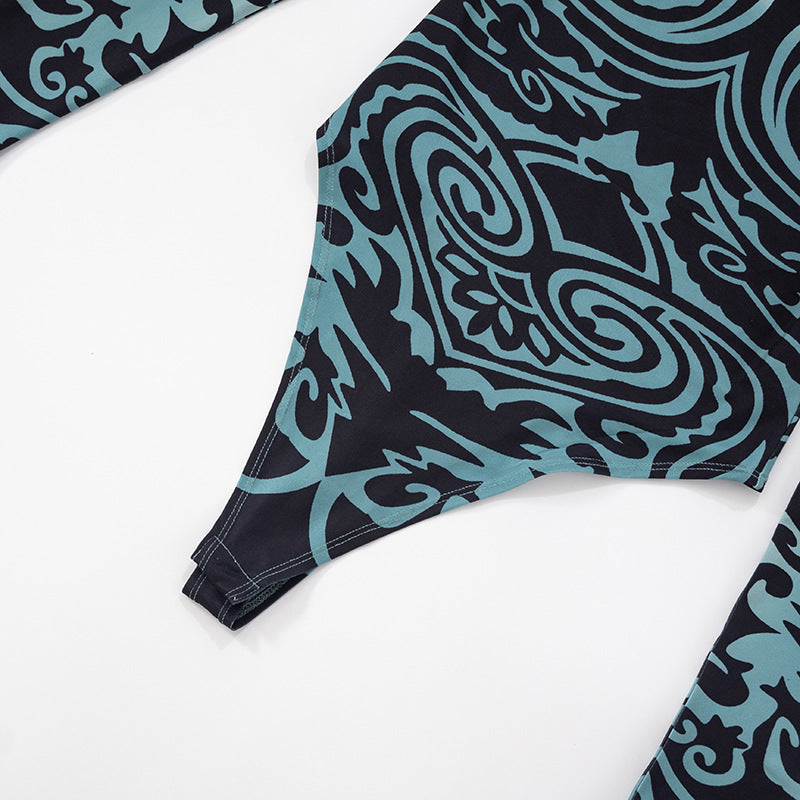 Women Spring and Summer Off Shoulder Printed Long Sleeve Bodysuit Mesh See-Through Two-piece Set 13