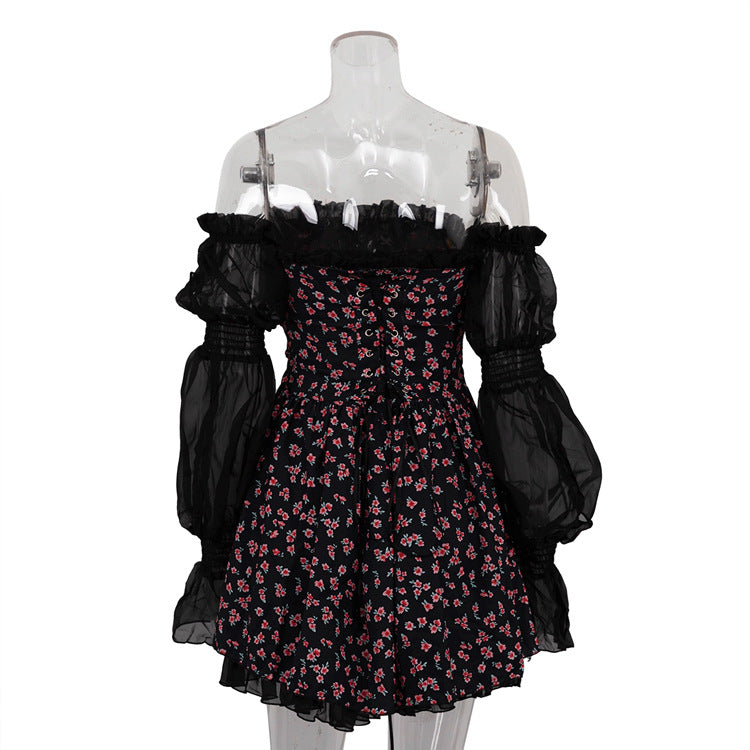 Mesh Patchwork Print Long Sleeve Off Shoulder Lace Sexy A-Line Dress 10