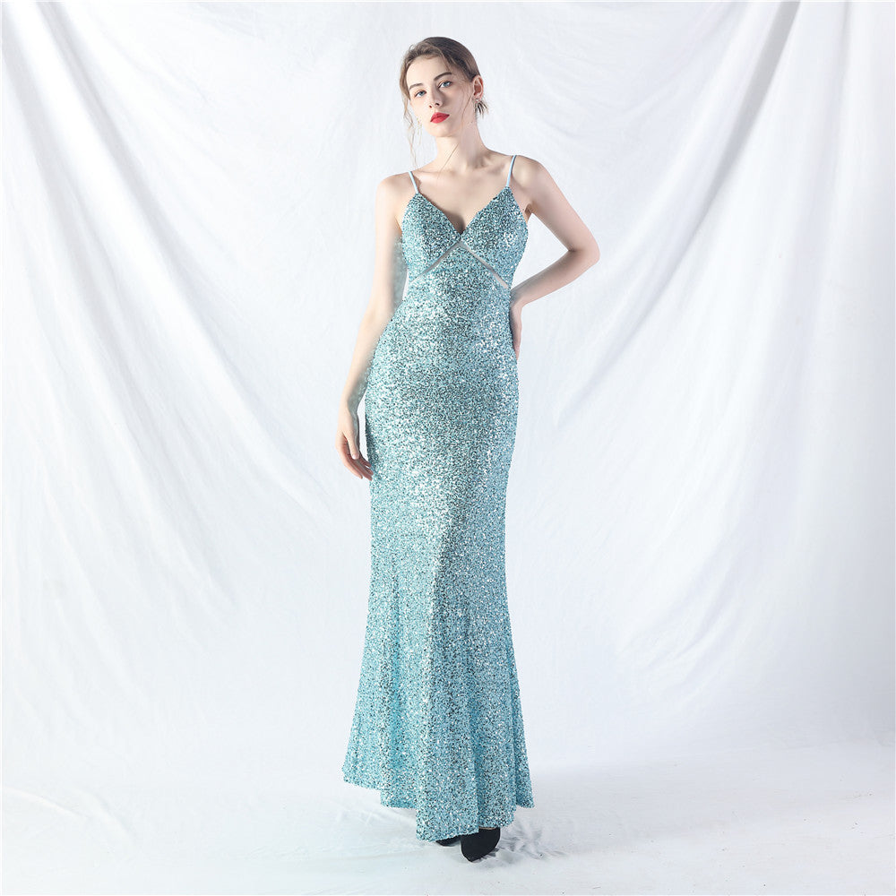 Elegant Strap V-Neck Sequined Evening Dress