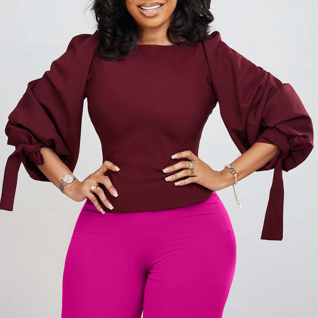 Women's Spring Fashion Chic Slim Fit Solid Lace-Up Bubble Sleeve Shirt 6