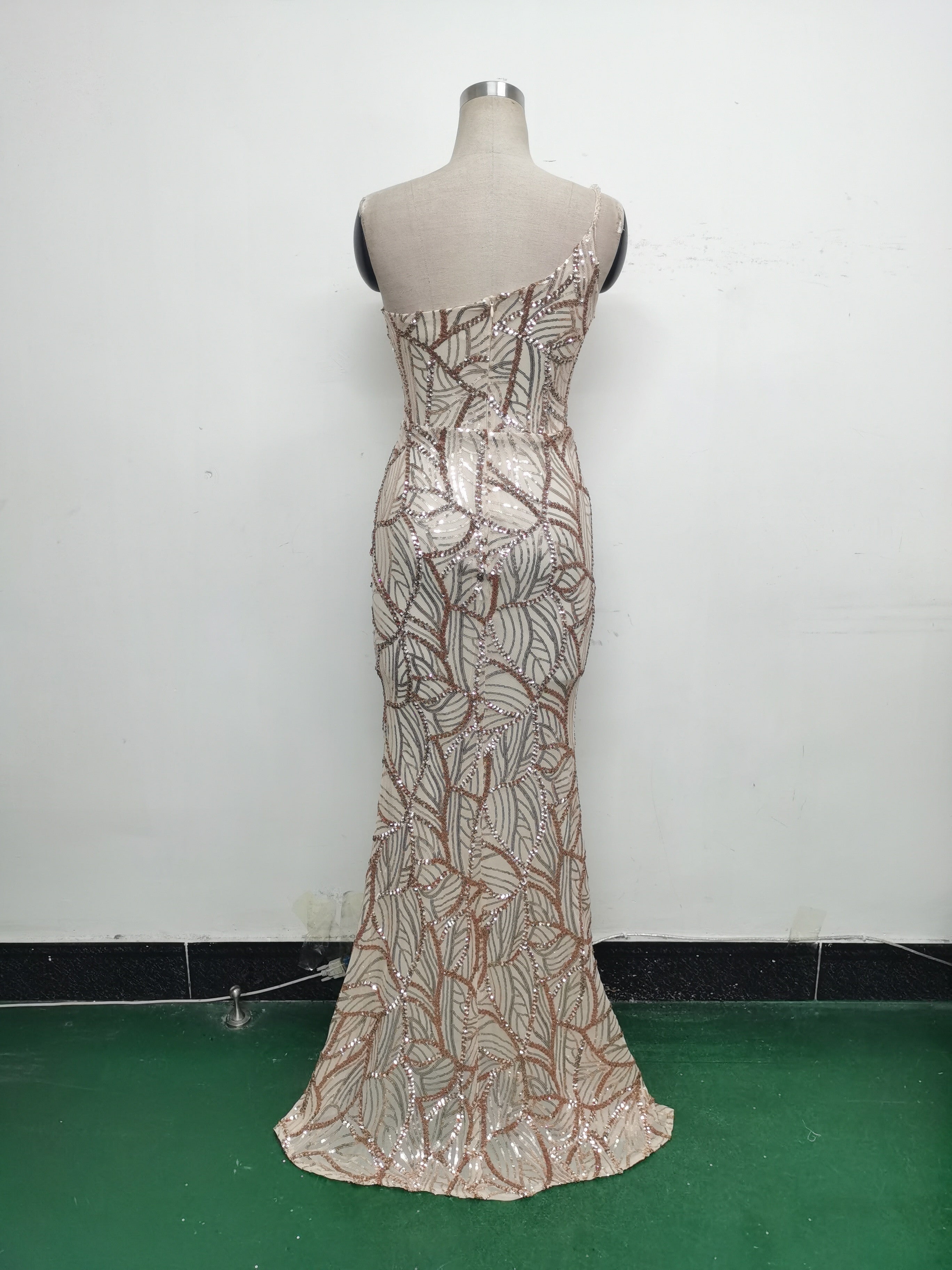 Women One Shoulder Beaded Geometric Sequin Formal Party Prom Wedding Evening Dress 38