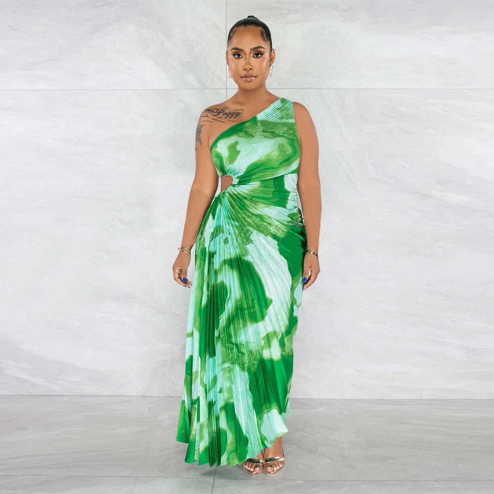 Women Slash Shoulder Sleeveless Pleated Maxi Dress