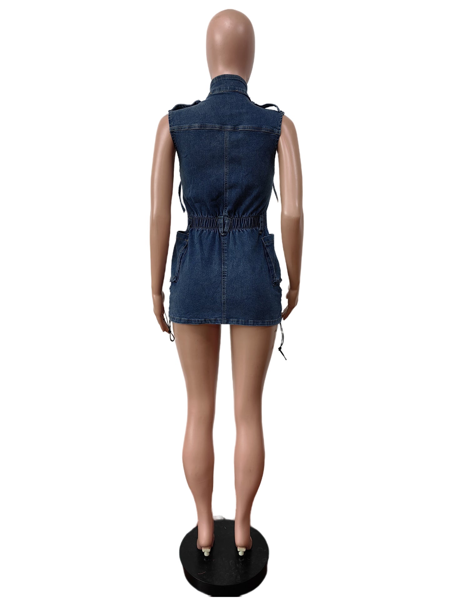 Women Denim Sleeveless Drawstring Stretch Dress 9