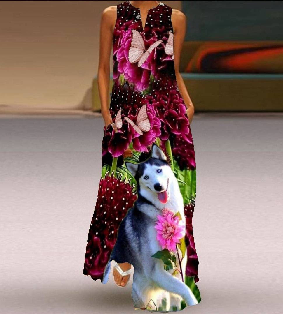 Summer women's sleeveless dress v-neck printed face dress 25