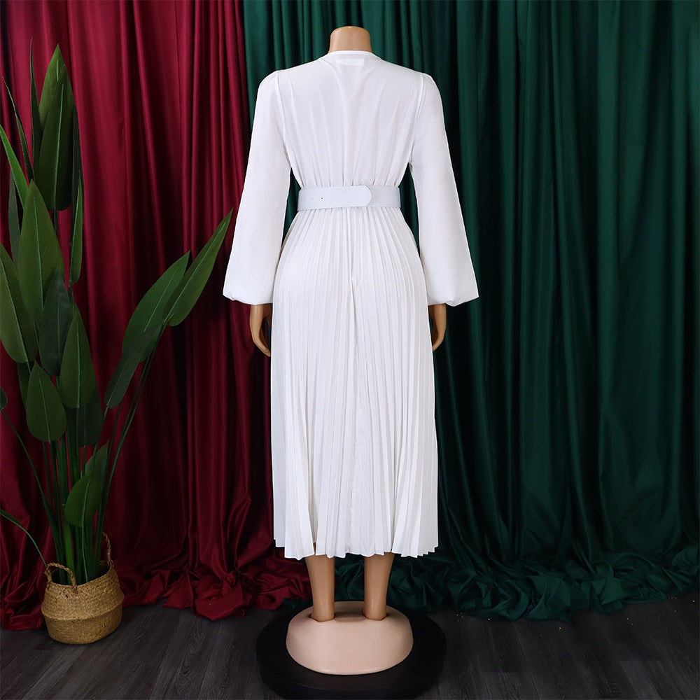 Plus Size Women Long Sleeve V-Neck Pleated Maxi Dress 22