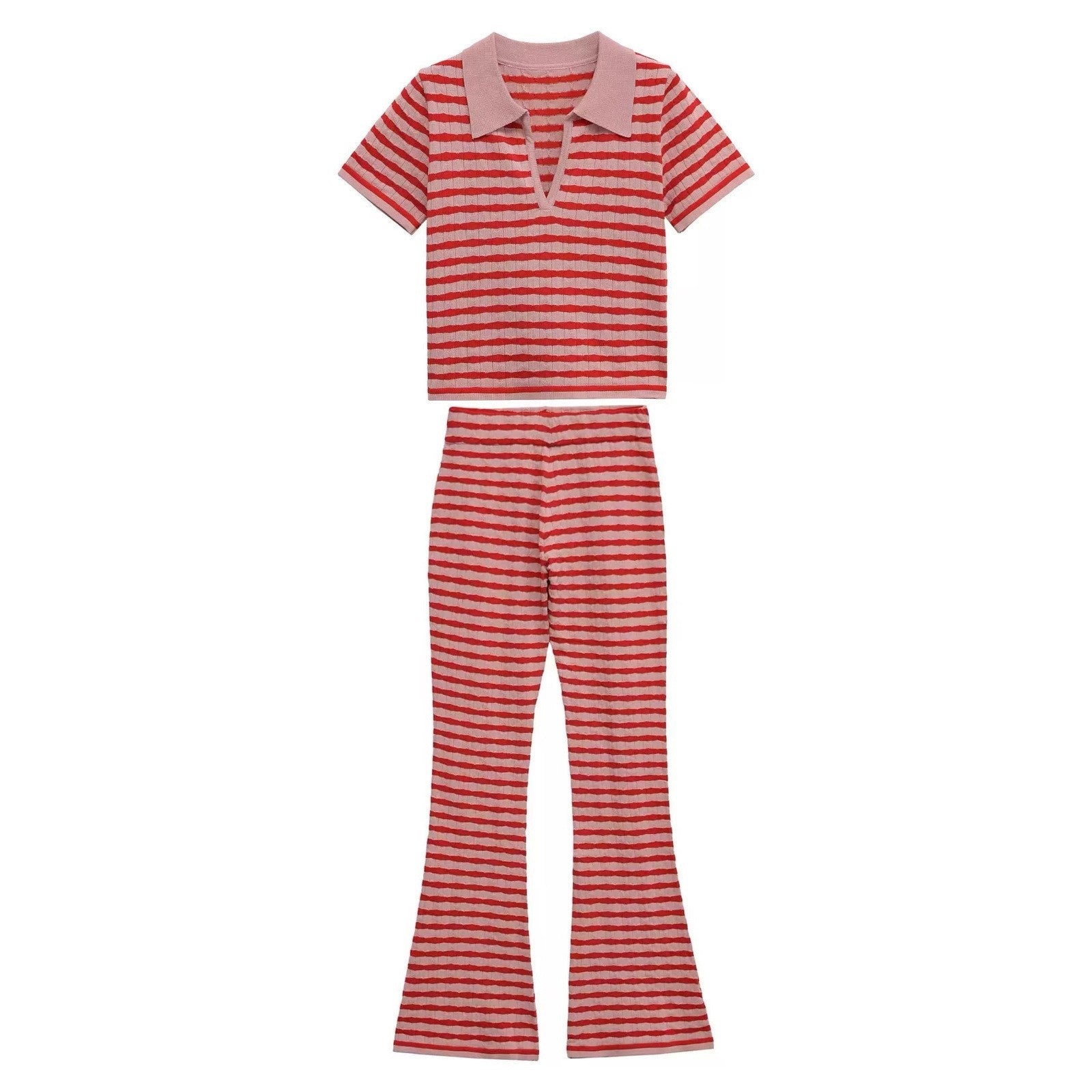 Fashion Turndown Collar Shirt & Striped Bell-Bottom Pants Summer Knit Set 17