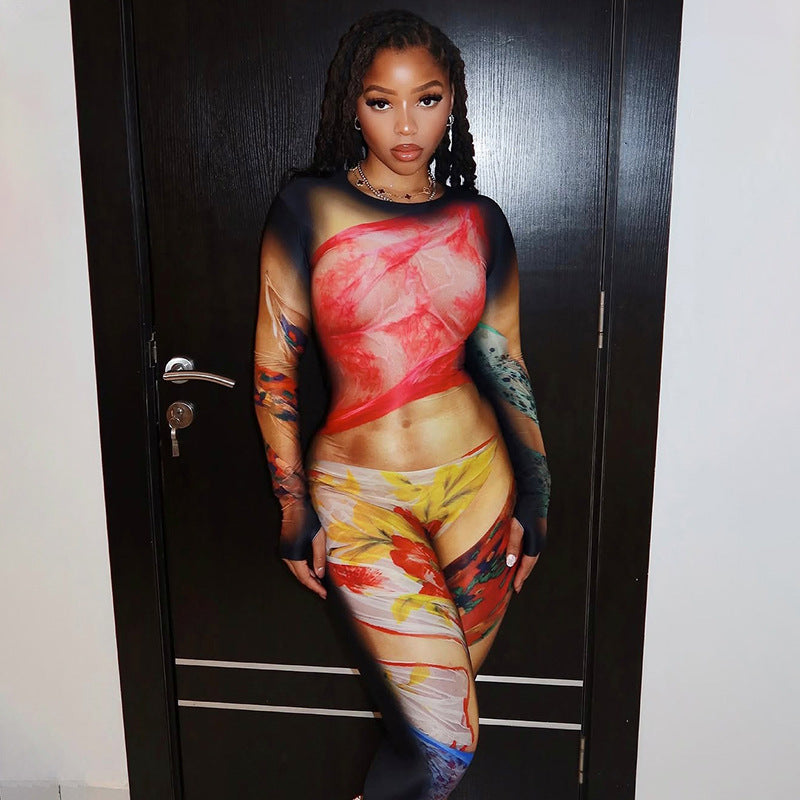 Women Body Painting Print Round Neck Long Sleeve Leg-Connected Jumpsuit 10