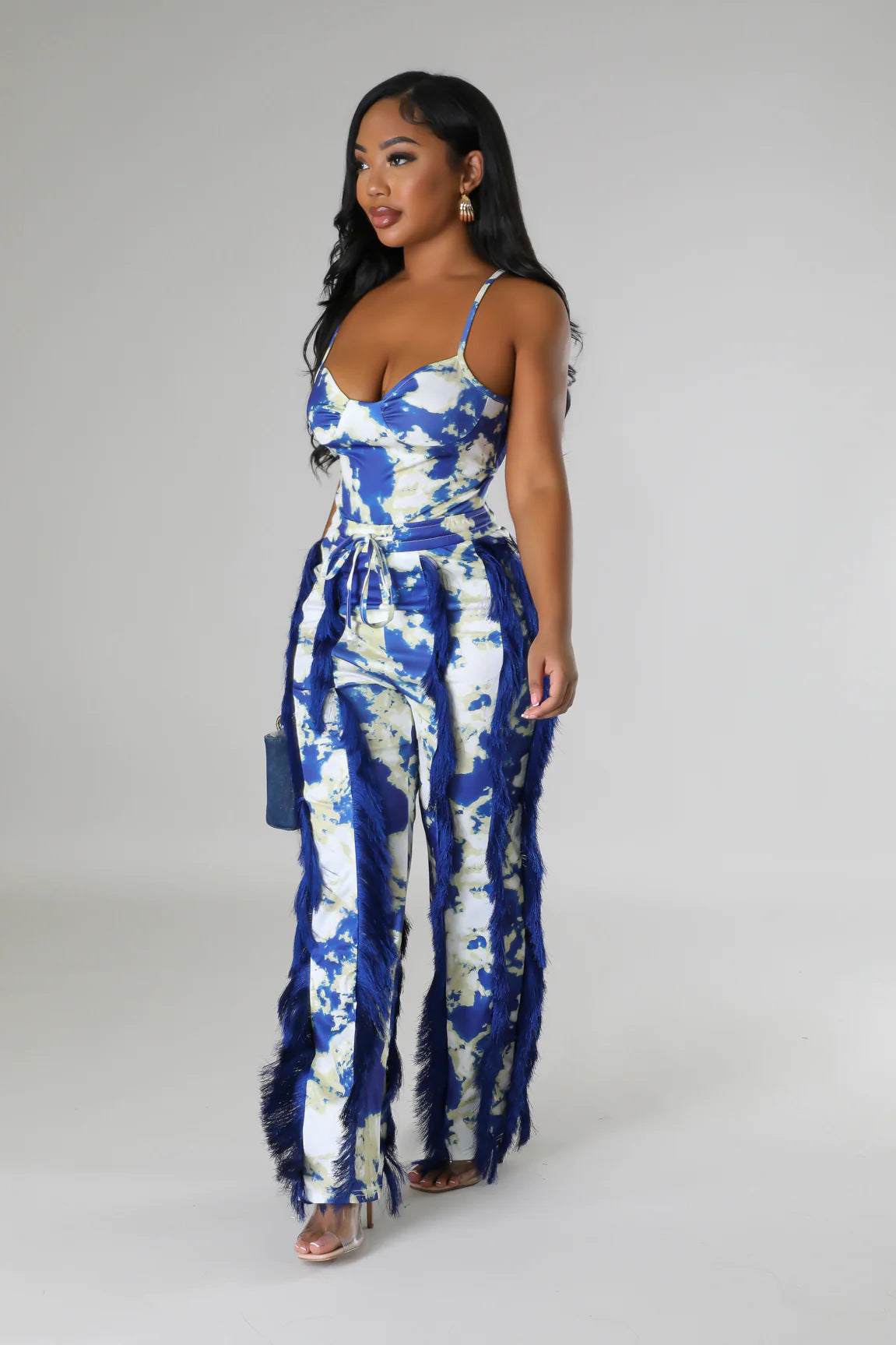 Women's Two-piece Pants V-Neck One-Piece bodysuit Top Sexy Tie-Dye Tassel Trousers Set 12