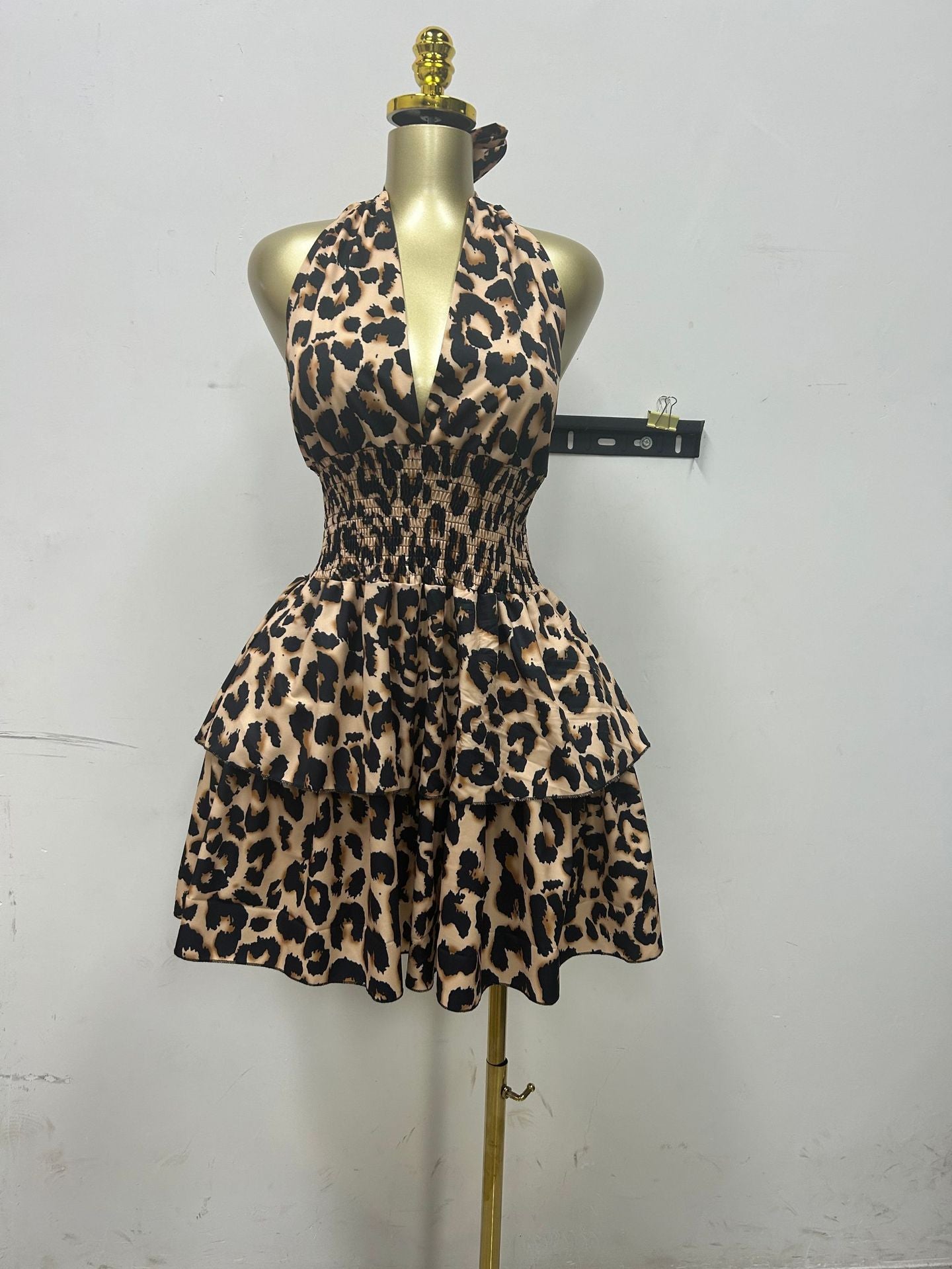 Women Summer Sleeveless Halter Neck Leopard Pleated Puffy Mini Dress 7