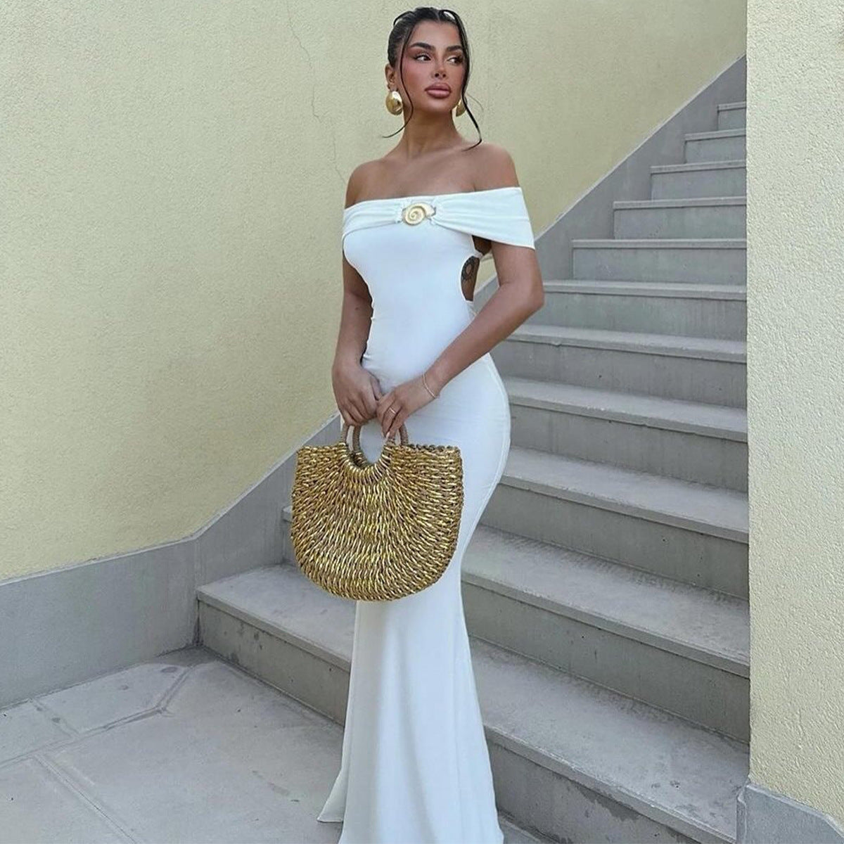 Autumn Women's Chic Off Shoulder Lace-Up Low Back Slim Long Dress