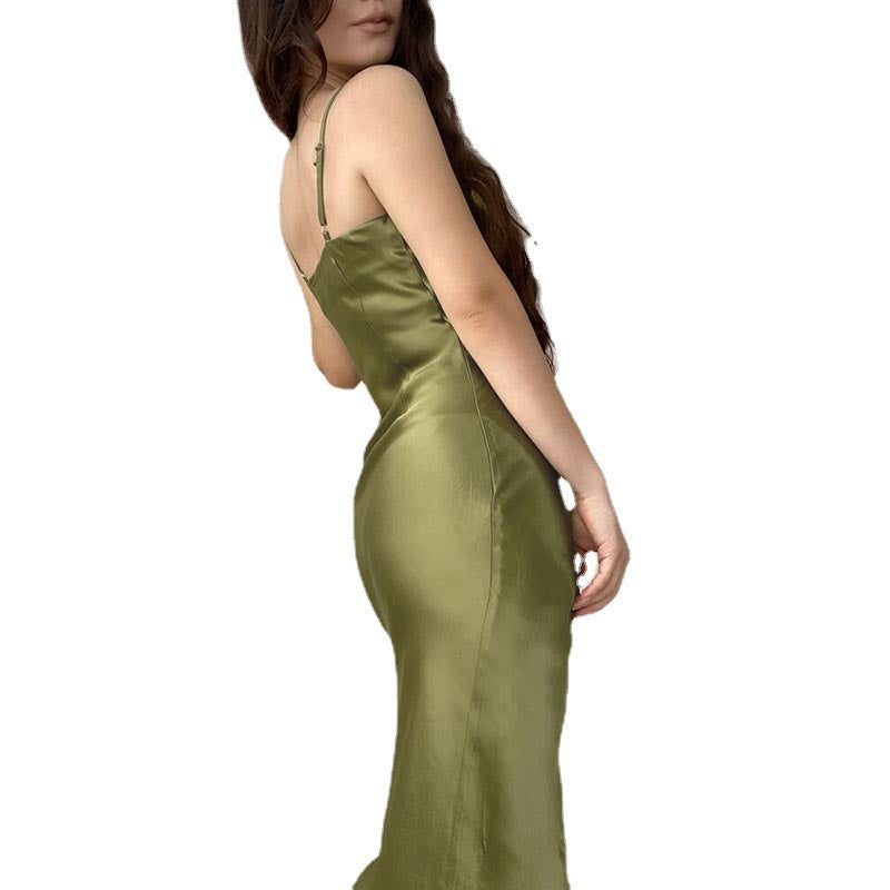 Sexy Low Cut Satin Slit Strap Dress Slim Fit Low Back Maxi Dress 13