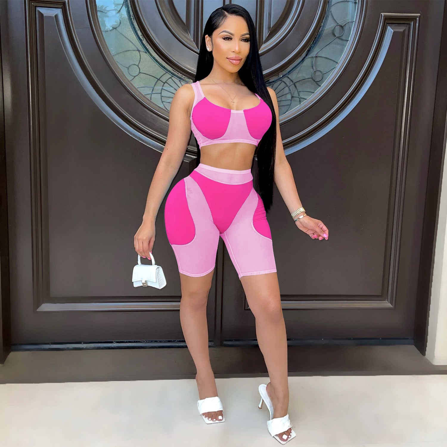 Women casual solid mesh color-blocking Top and Shorts Two Piece Set 9