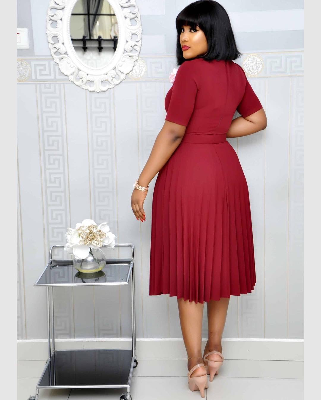 Plus Size Women Summer African Mom Short Sleeve Round Neck Solid Pleated Dress 6