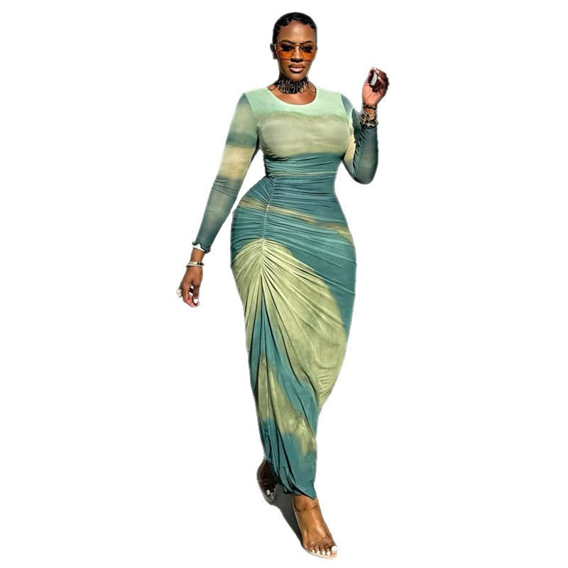 Career Women's Print Pleated Waist Tie Slim Fit Bodycon Round Neck Long-Sleeve Dress 9