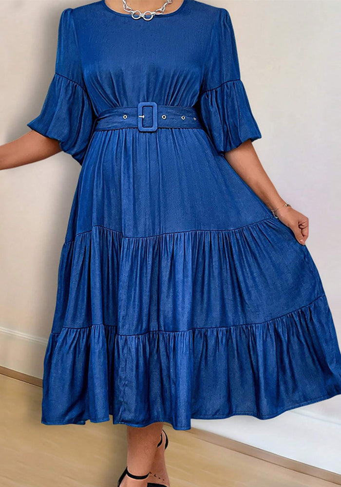 Women's Puff Sleeve Round Neck Fashion Denim Dress