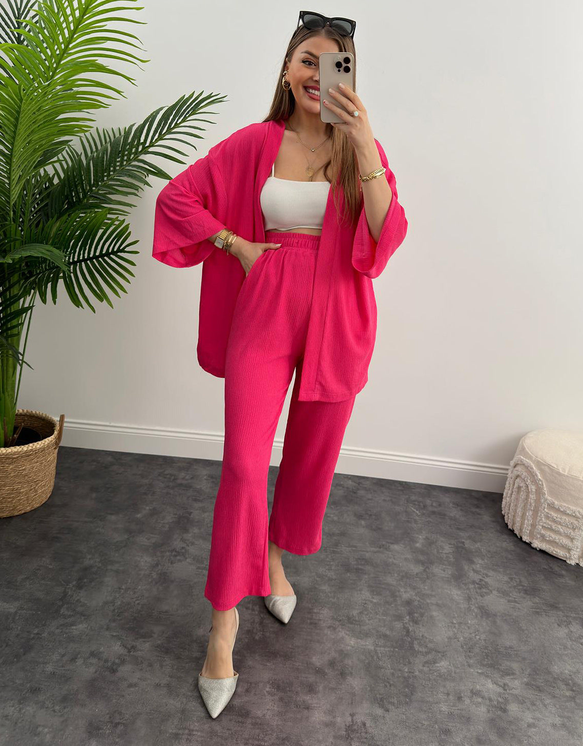 Women Solid long-sleeved shirt and pleated elastic waist trousers two-piece set 5