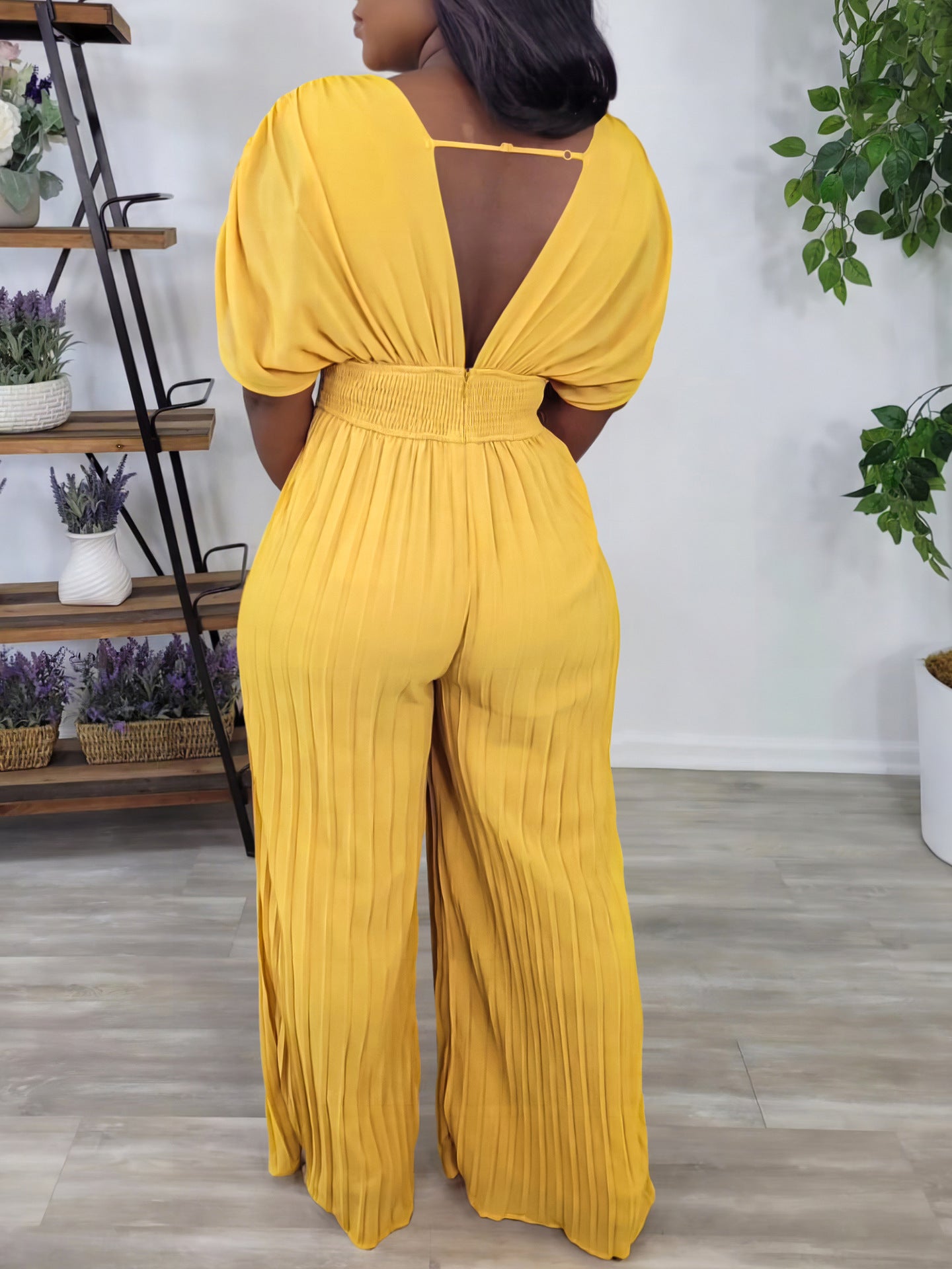 Women V-Neck Solid Sexy Pleated Jumpsuit 5