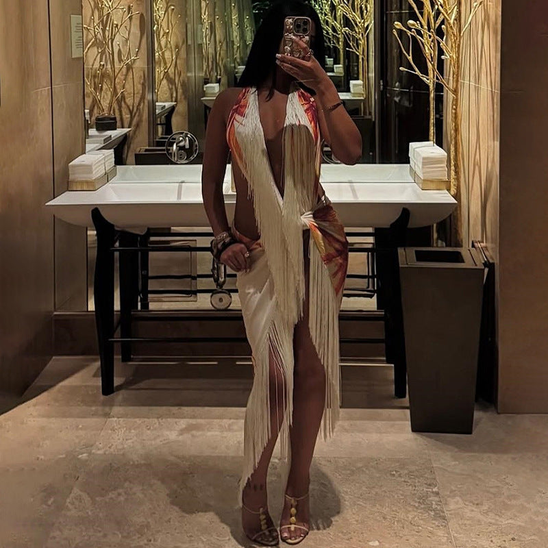 Women fall/winter Halter Neck lace-up V-neck backless printed top and tassel sexy skirt two-piece set 7