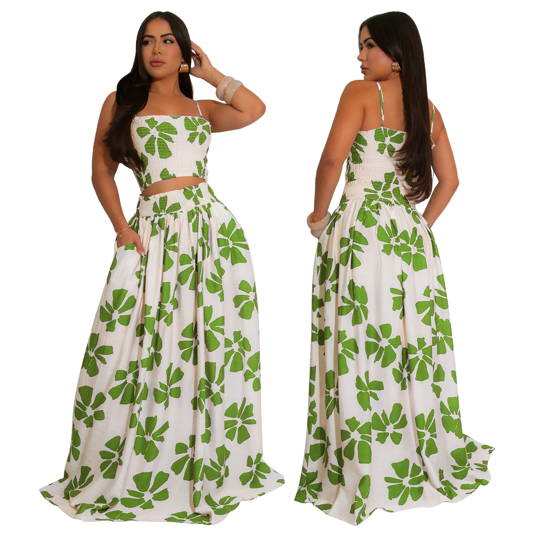 Women's Summer Bohemian Strap Top Swinging Skirt Two Piece Set 4