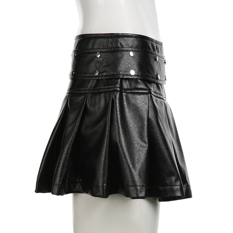 sexy zipper Slim Waist rivet pleated leather miniskirt 8