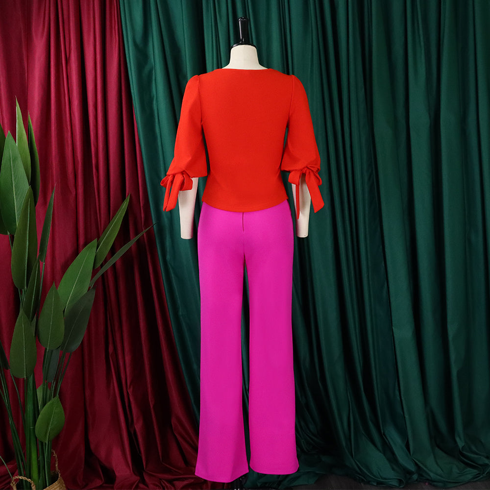 Women's Casual Set Loose Plus Size Lace-Up Top High Waist Wide Leg Pants Two-Piece Set 17