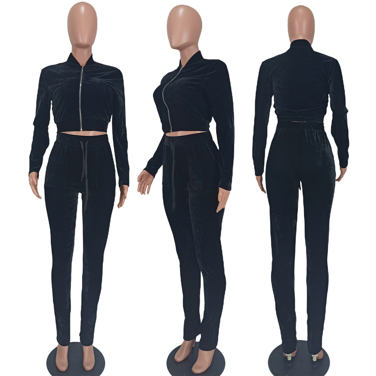 Ladies Fashion Casual Solid color Zip Long Sleeve Two Piece Tracksuit 11