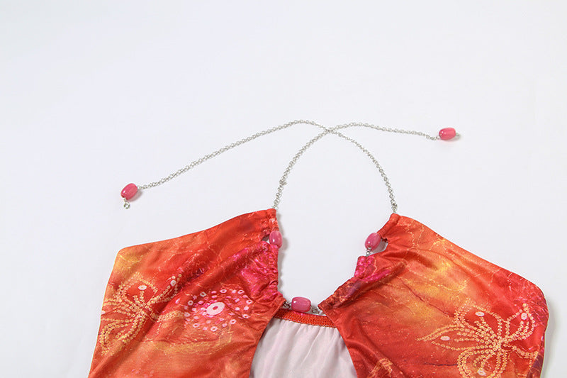 Women's Summer Style Chain Halter Neck Sexy Cut-out Print Dress 15