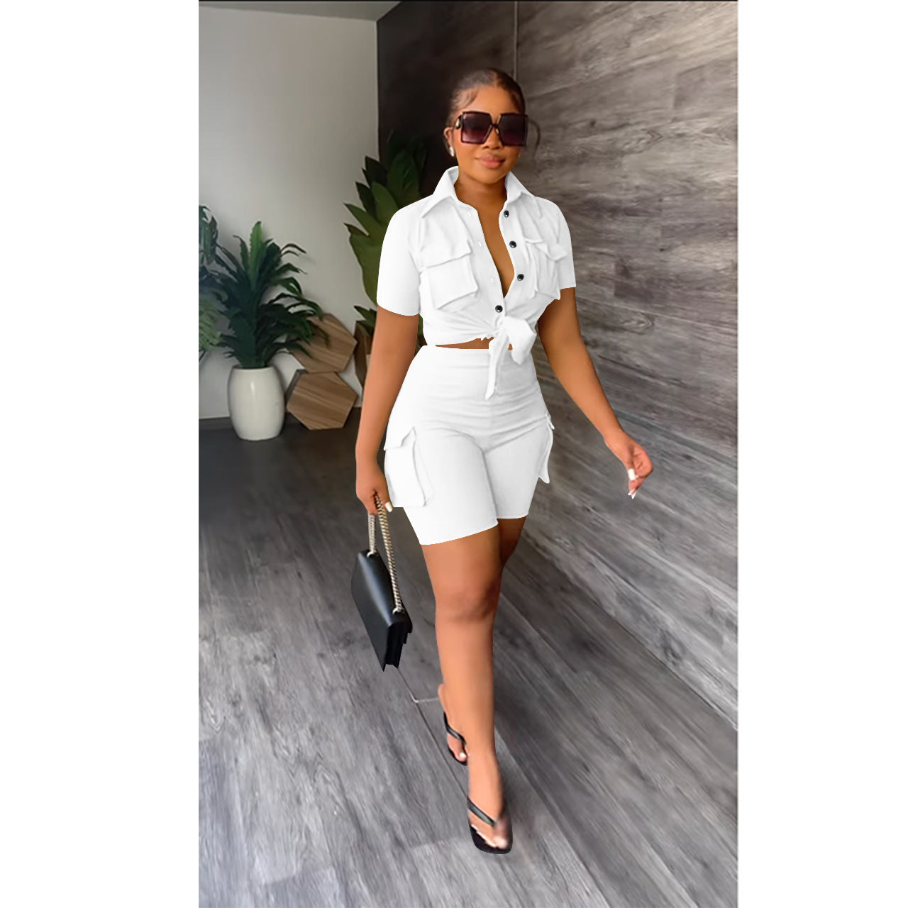 Women'S Solid Color Short Sleeve Shirt Shorts Two-Piece Set