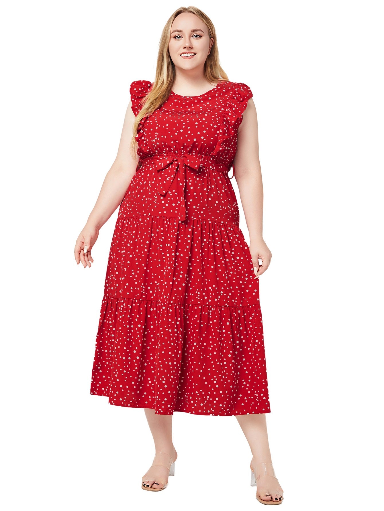 Plus Size Women Summer Round Neck Ruffle Sleeveless Polka Dot Dress