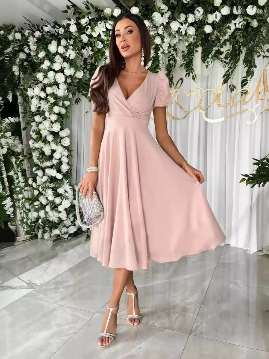 Women Career Solid V-Neck Puff Sleeve Dress 9